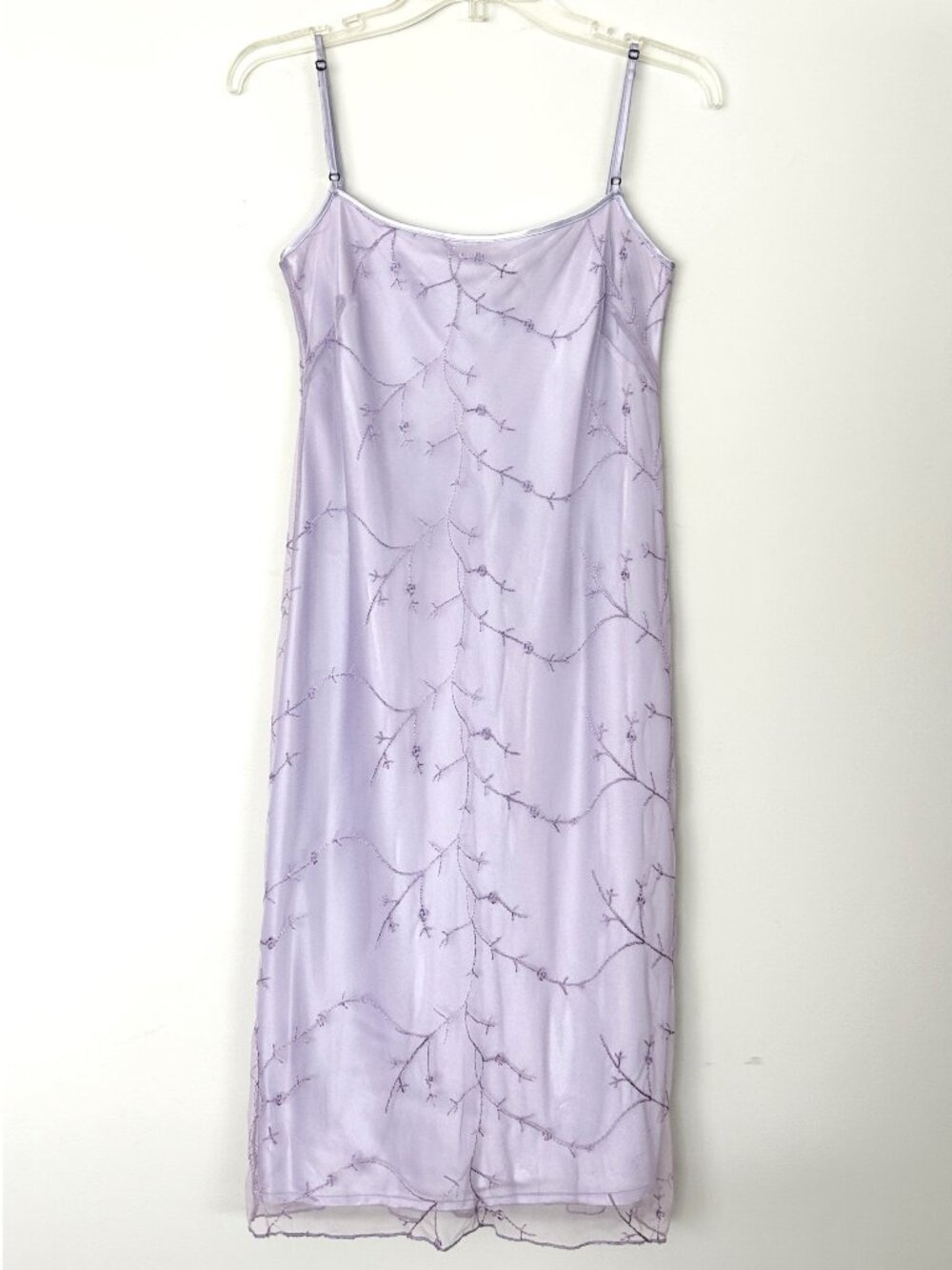 Vintage 90s BCBG Y2K Lilac Slip Dress Purple Satin Sheer Floral Embroidery 8 USA